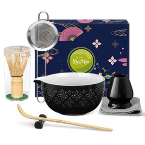 lot 15720 image: Matcha Whisk Set Matcha Kit - 7 Pcs Japanese Tea Set Includes Matcha Bowl with Spout,Bamboo Whisk with Ceramic Holder,Bamboo Scoop and Rest,Sifter,Tea Towel, for Ceremony Matcha Lovers Gift,Black