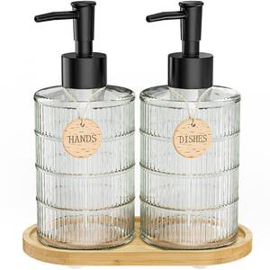 lot 15730 image: MASADI Soap Dispenser Set with Bamboo Tray, Dish and Hand Soap Lotion Dispenser Set with Wooden Pump for Kitchen and Bathroom Decor for Counter, Modern Vintage Liquid Soap Dispensers (Clear)