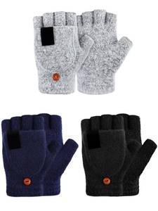 lot 16040 image: SATINIOR 3 Pack Winter Knitted Convertible Fingerless Gloves Flip Top Warm Half Finger Mittens for Men Women Texting Typing(Large,Black, Light Grey, Navy Blue)