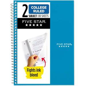lot 16041 image: Five Star Spiral Notebook, 2 Subject, College Ruled Paper, 6 x 9-12, 80 Sheets, Fights Ink Bleed, Water Resistant Cover, Tidewater Blue (840029CG1-ECM)