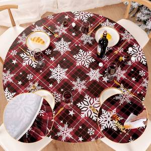 lot 16076 image: UMINEUX Round Fitted Vinyl Christmas Tablecloth with Elastic Edged & Flannel Backing, Waterproof Wipeable Round Table Cover for Indoor Patio Use - Fits Tables up to 40-44 Diameter(Snowflake)