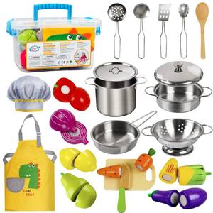 lot 16097 image: Sundaymot Play Kitchen Accessories, Wooden Play Food, Cooking Set with Stainless Steel Cookware Pots and Pans Utensils, Apron, Chef Hat, ��Cutting Food Kitchen Playset for Girls and Boys