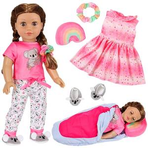 lot 16134 image: K.T. Fancy American Girl Doll Clothes for 18 Inch Dolls Accessories - Pink Outdoor Dress, Top, Pants, Shoes, Hairband, Rainbow Pillow, Outdoor Space Sleeping Bag (No Doll)