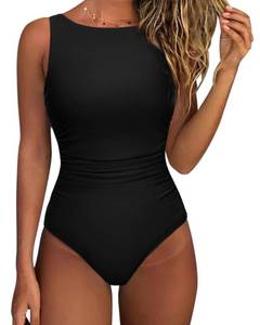 lot 16423 image: SUUKSESS Women Sexy One Piece Tummy Control Swimsuit Ruched High Neck Slimming Swimwear 2025 Low Back Bathing Suit(Black,Large)