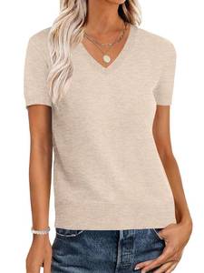 lot 16428 image: ANRABESS Women Wool Blend Sweater Summer 2026 Short Sleeve V Neck Pullover Top Business Casual Outfit Beach Vacation Clothes Light Khaki Small