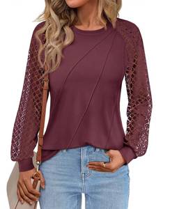 lot 16432 image: Tankaneo Womens Puff Long Sleeve Tunic Lace Tops Hollow Out Casual Dressy Work Blouse Loose Fit Crew Neck Seam Shirts Burgundy M