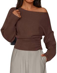 lot 16437 image: PRETTYGARDEN Women Off The Shoulder Sweater 2026 Fall Trendy Long Batwing Sleeve Knit Pullover Going Out Tops Winter Clothing (Brown,X-Large)