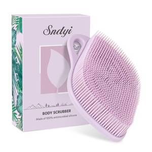 lot 16447 image: Sndyi Silicone Body Scrubber, Gentle Exfoliating Body Scrubber for Sensitive Skin, Leaf Shaped Shower Scrubber for Body with Lathering Bristles, Silicone Loofah Body Brush for Showering, Purple
