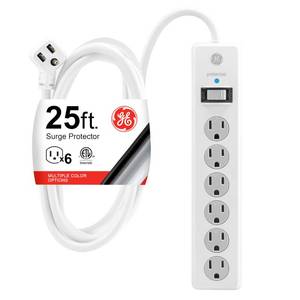lot 16465 image: GE Surge Protector Power Strip, 25 Ft Extension Cord, 6 Outlet Extender, 800 Joules, Flat Plug, Twist-to-Close Safety Covers, ETL Listed, White, 61291