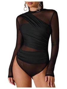 lot 16495 image: SweatyRocks Womens Sheer Mesh Bodysuit Ruched Mock Neck Long Sleeve Fitted Leotard Black Small