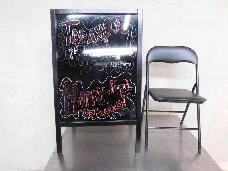 lot 1592 image: Dry Eraser Entry Sign and Foldable Metal Chair
