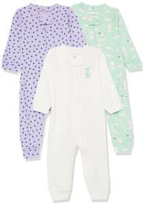 lot 23240 image: Amazon Essentials Unisex Babies Snug-Fit Cotton Footless Sleeper Pajamas, Pack of 3, Mint Green Forest AnimalsPurple DotsWhite, 18 Months