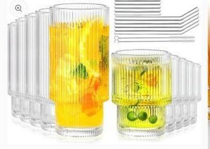 lot 23367 image: Lvtrupc 10Pcs Ribbed Highball Glasses with Straws And Cleaning Brush