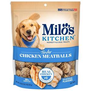 lot 23377 image: Milos Kitchen Chicken Meatballs Chewy Dog Treats, 18oz, 2 Pack, BB May 23 2025