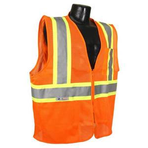 lot 23448 image: Radians SV22-2ZOM-L Polyester Mesh Economy Class 2 High Visibility Zipper Closure Vest with Two-Tone Trim, Large, Orange, 4 Pack