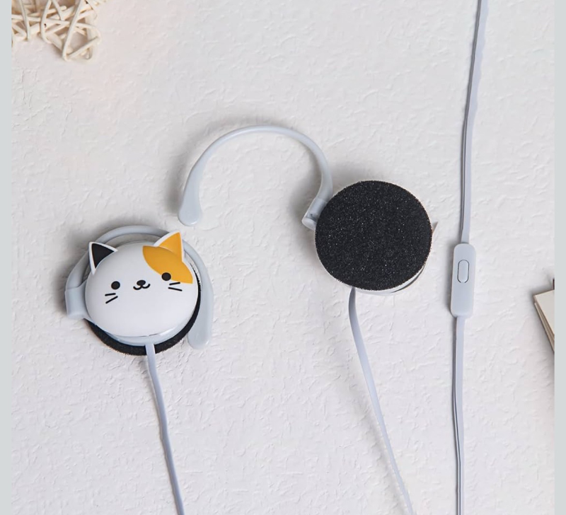 lot 113 image: QearFun Cat Earbuds for Kids with Ear Hooks, Kawakii Wired Over Ear Headphones Earphones Gifts for School Girls and Boys with Microphone & Ear Loops White