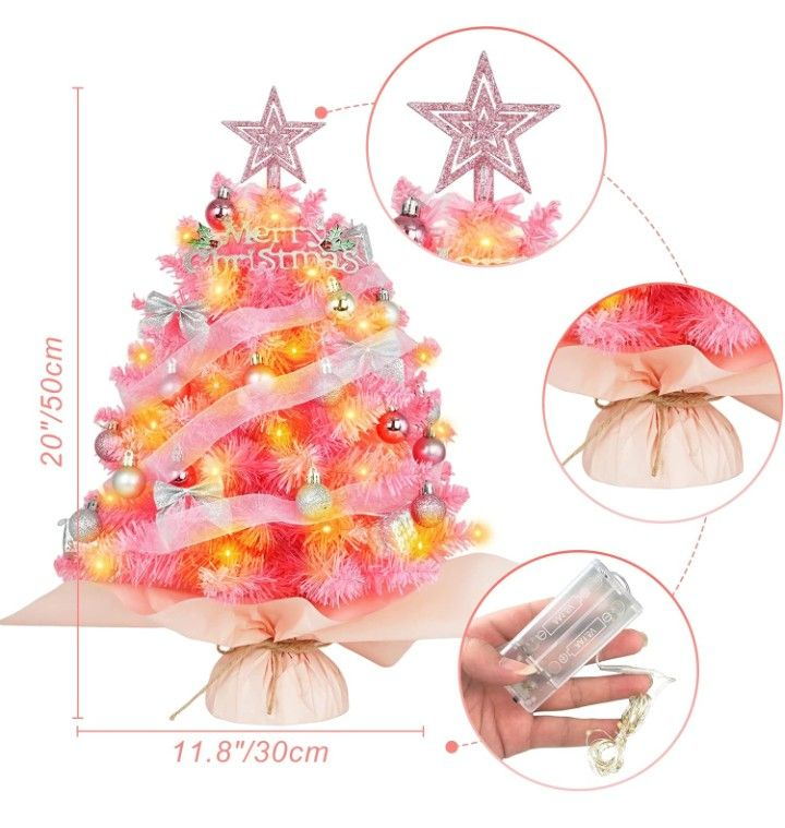 lot 3567028 image: 20 Mini Pink Christmas Tree, Artificial Small Christmas Tree with Lights, Tabletop Christmas Tree with Star Treetop,Bow Boxes and Ball Ornaments for DIY Christmas Decoration (Pink) - Retail $25