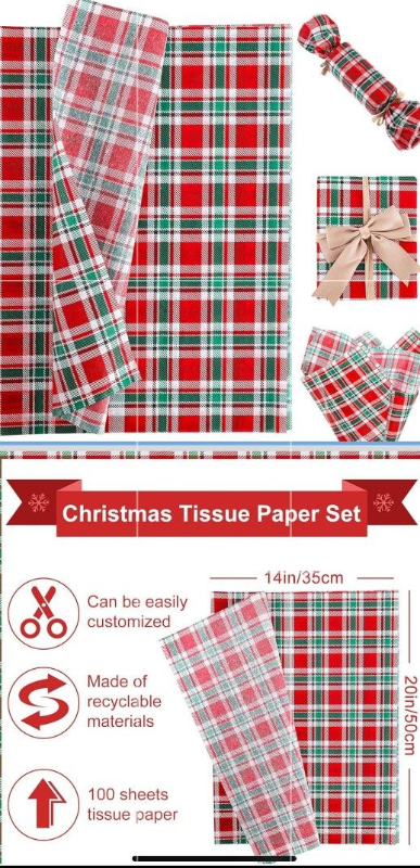 lot 3567049 image: Whaline 100 Sheets Christmas Tissue Paper Buffalo Plaid Wrapping Paper Red Green White Gift Wrapping Tissue Rustic Art Papers Crafts for Xmas Small Business Gift New Year DIY Decor - Retail $0