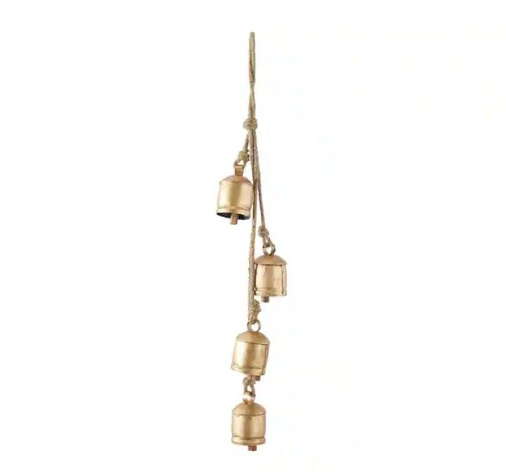 lot 3567111 image: Gold Metal Tibetan Inspired Cylindrical Decorative Bell with Jute Hanging Rope - Retail $17