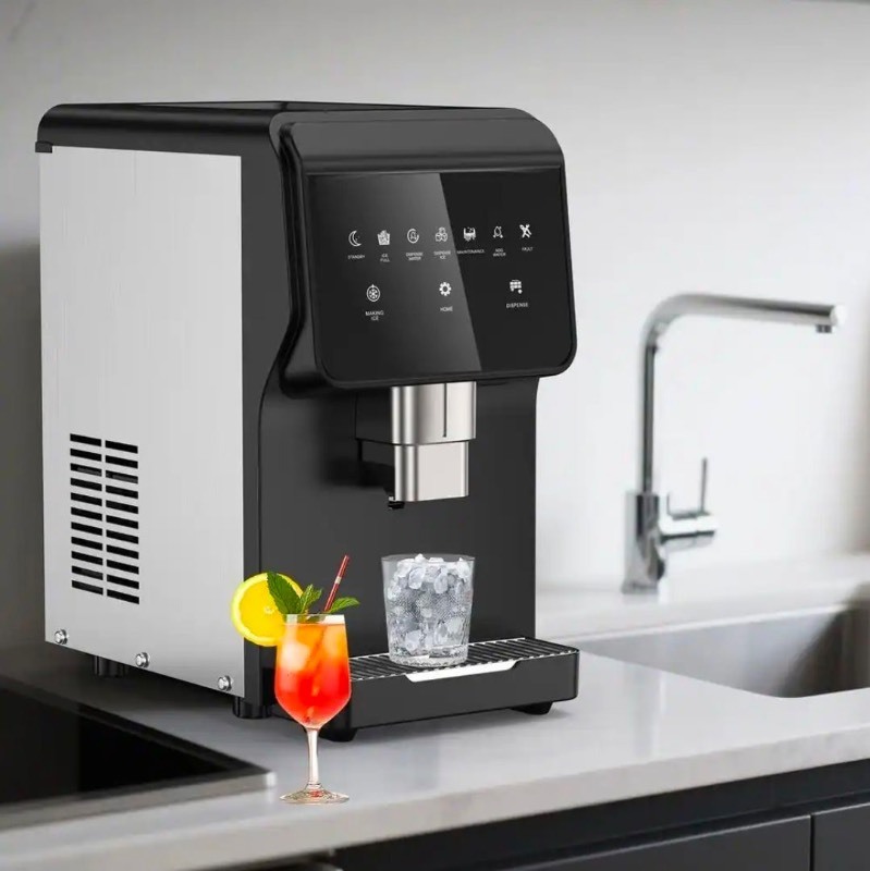 lot 3567151 image: Hooure12.2 in. Stainless Steel 62 lb.24 H Freestanding Countertop Chewable Pellet Ice Maker Crescent Ice Cubes - Retail $985