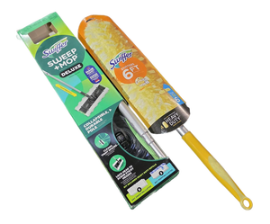 lot 4421099 image: SWIFFER COMBINATION PACK Swiffer Dusters 6ft Dusting Kit with 4 Heavy Duty Dusters ANDSwiffer Sweep  Mop Deluxe Sweeping Kit with Collapsible, Durable Pole, 5 Dry Sweeping Cloths And 3 Wet Mopping Cloths - Retail $35