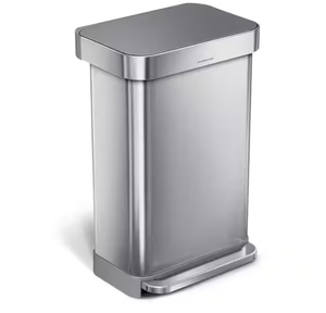 lot 4421109 image: Simplehuman 45L Rectangular Step Kitchen Trash Can with Liner Pocket, Brushed Stainless Steel with Grey Plastic Lid - Retail $149