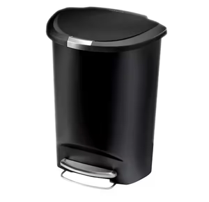 lot 4421110 image: Simplehuman 13 Gallon Semi-Round Step Kitchen Trash Can, Black Plastic with Soft-Close Locking Lid - Retail $54