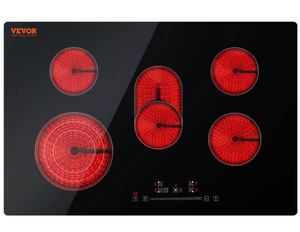 lot 4421119 image: SKYSHALO Built in Electric Stove Top, 30.3 x 20.5 inch 5 Burners, 240V Glass Radiant Cooktop with Sensor Touch Control, Timer & Child Lock Included, 9 Power Levels for Simmer Steam Slow Cook Fry - Retail $227