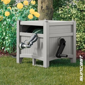 lot 4421128 image: Suncast100 ft. Hose Hideaway Dove Gray DAMAGED (See Pictures and Description) - Retail $39