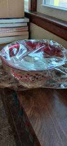 lot 23872 image: Decorative Bowl Made of Red Plastic and Metal Floral Cover