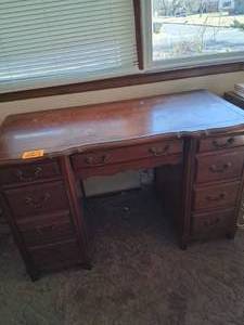 lot 23819 image: Sturdy Wood Desk with Multiple Drawers and Handles