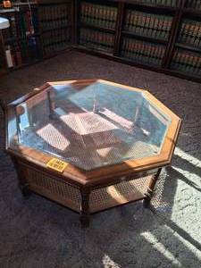 lot 23823 image: Wooden Coffee Table with Glass Accents and Wood Woven Bottom