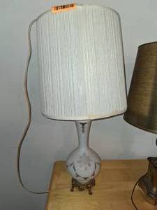 lot 25791 image: Vintage-inspired Glass Table Lamp with a Floral Pattern and Brass Base