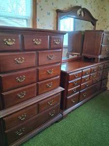lot 23978 image: Dark Brown Wooden Bedroom Set with Brass Accent Metal