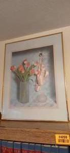 lot 24254 image: Framed Painting of 3d Box of Pink Tulips and Ballet Slippers