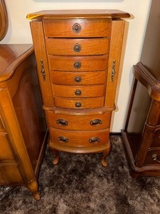 lot 24283 image: Wooden Standing Jewelry Box with Black Hardware and Red Velvet