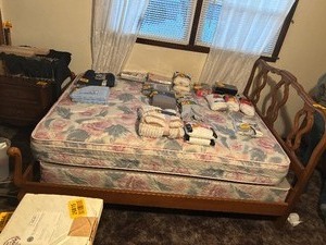 lot 24285 image: Wooden Headboard with Mattress and Box Spring