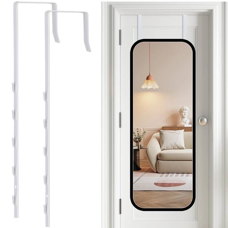 lot 28342 image: Dexspoeny Over-The-Door Mirror Hanger, Adjustable 13.6 in Door Mirrors Hanger with Protective Lining, Prevent Scratches, 2 Pcs Mirrors Brackets Perfect Height and Fit (Mirror Not Included) - White