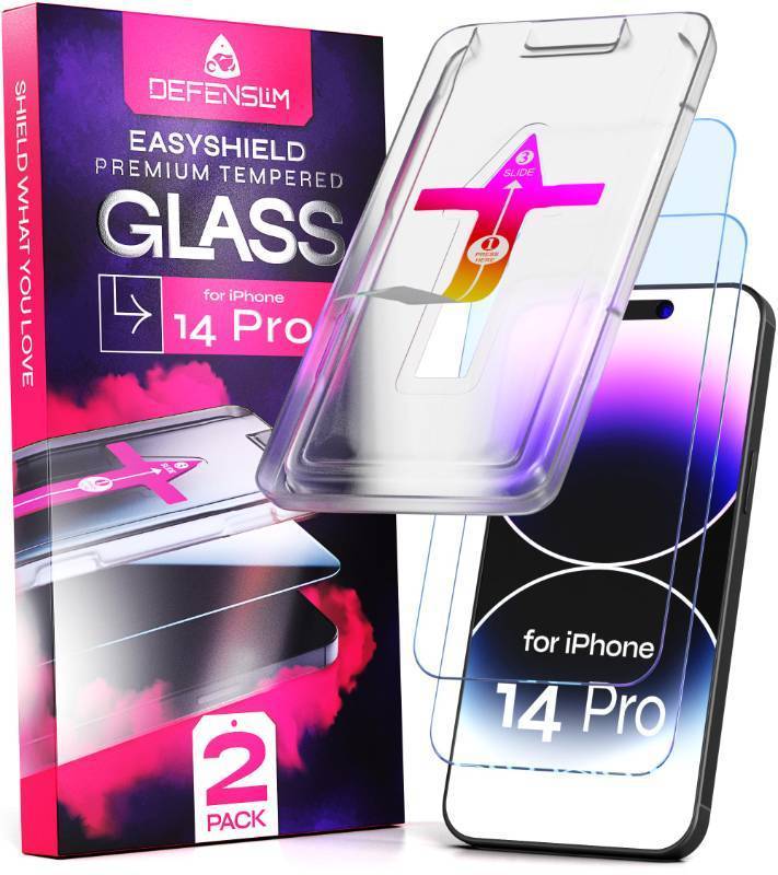 lot 28348 image: Defenslim Screen Protector for iPhone 14 Pro (2Pack), Easy Auto-Align Install Kit, 6.1 Tempered Glass, 9H Hardness, Ultra HD Clear, Case Friendly, EasyShield