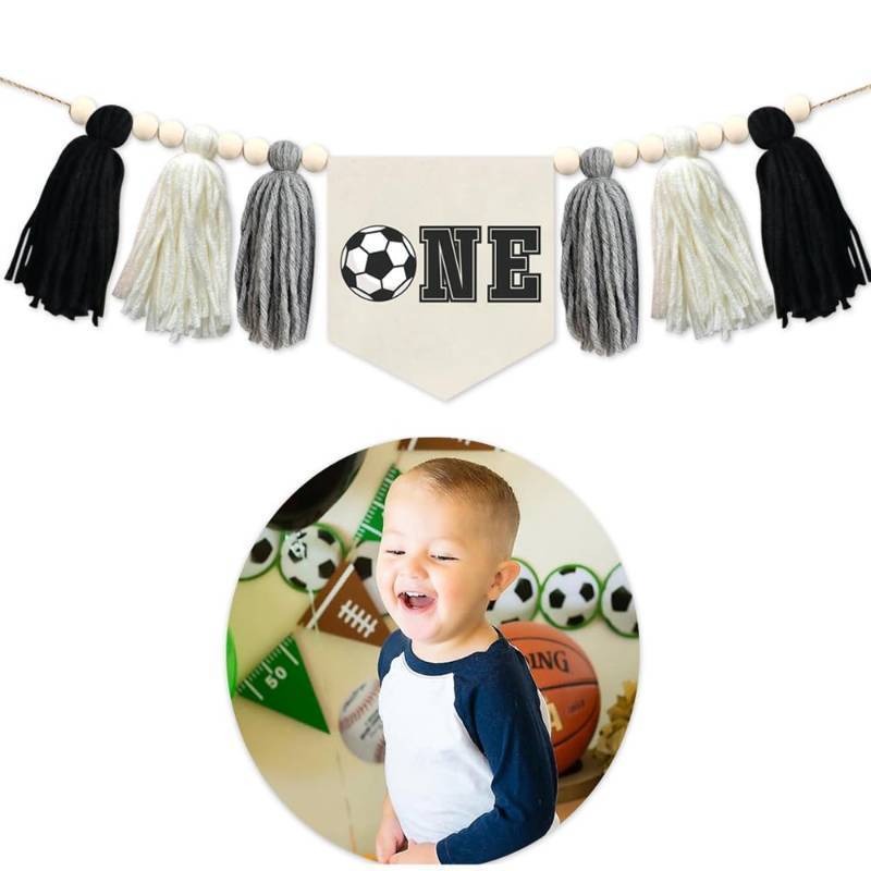 lot 37808 image: Highchair Banner 1st Birthday - First Year Sports Ball Birthday Banner, Tassels Birthday Decorations for First Birthday Party, Anniversary, Baby Shower, Photo Booth Props