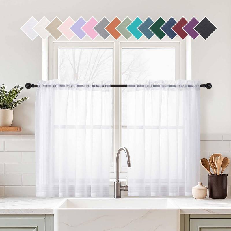lot 47313 image: Ebesto White Sheer Curtains Tier 36 Inches Length 2 Panels Set, Light Filtering Lightweight Soft Window Treatments Drapes, Cute Elegant Cafe Curtains for Nursery, Dual Rod Pocket, 2x42Wx36L Inches