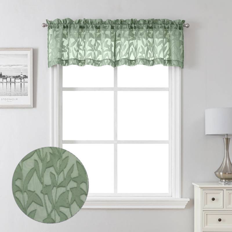 lot 47318 image: Lecloud Leia 14 Inch Sage Valance for Window Green Sheer Curtains 2 PCS, Jacquard Texture Leaves Semi Voile Living Room Curtain for Small Window, Dual Rod Pockets Bedroom Kitchen Valance, 38W x 14L
