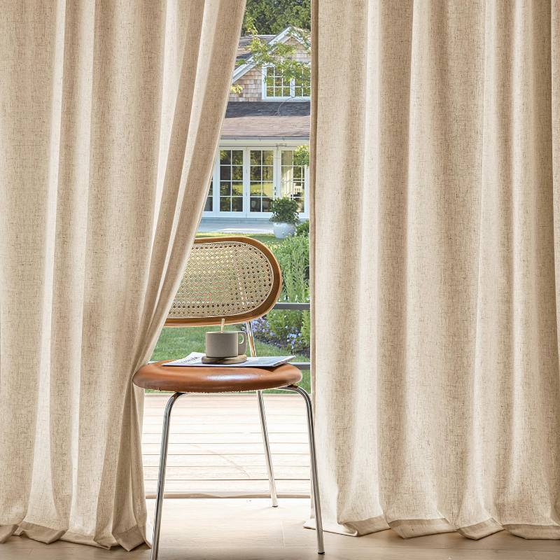 lot 47320 image: MIULEE Non-See-Through Privacy Linen Curtains 2 Panels, Light Filtering Window Curtains Farnhouse Textured Back Tab Semi Sheer Drapes for Bedroom Living Room, 52 x 84 Inches Long, Light Brown