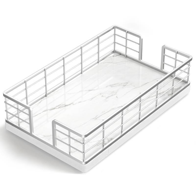 lot 47361 image: Wican Marble Guest Towel Holder Tray for Bathroom, Napkins Holder for Powder Room Dinning Table Wooden Basket for Disposable Paper Hand Towels Silvery and Marble White
