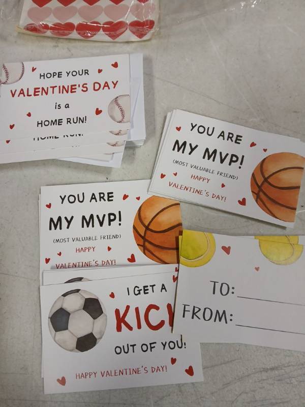 lot 25684 image: Motiskyy 30pk Kids Valentines Cards with Envelopes and Heart Stickers Sports Ball