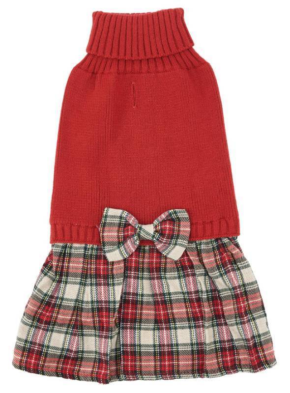 lot 37867 image: Lanyarco Burgundy Red Knitted Dog Sweater Dress, Plaid Dog Winter Clothes for Dogs Girl, Dachshund Doggy Pet Apparel, Red, Large (L)