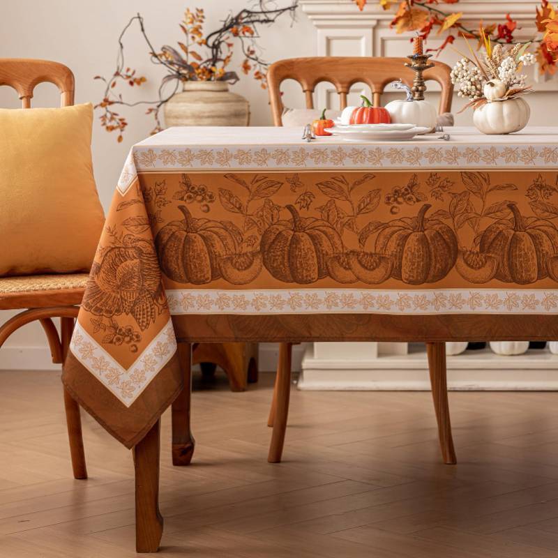 lot 47406 image: Romanstile Fall Rectangle Tablecloth 60 x 102 Inch, Thanksgiving Autumn Harvest Pumpkin Table Cloth, Stain Resistant Washable Table Cover for Dining, Party, Holiday Decor - Orange and Beige