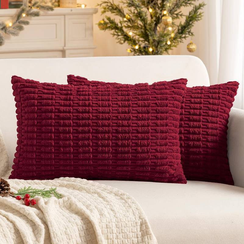 lot 47434 image: MIULEE Pack of 2 Burgundy Corduroy Decorative Lumbar Pillow Covers 20x12 Inch Soft Boho Striped Throw Pillow Covers Modern Farmhouse Home Decor for Sofa Living Room Couch Bed