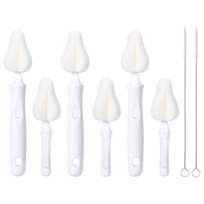 lot 53823 image: Carebabymore 8 Pcs Sponge Nipple Bottle Brushes, Baby Bottle Brush with 3 Pcs Nipple Cleaner, 3 Pcs Replacement Heads and 2 Pcs Straw Brushes, White