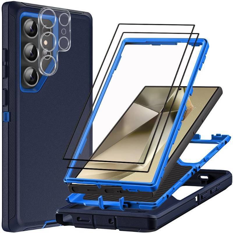 lot 53838 image: TFDSEUGH for Samsung Galaxy S24 Ultra Case with 2Pcs Tempered Glass Screen Protector and 1Pcs Camera Lens Protector, 3 in 1 Heavy Duty ShockproofDrop ProofDust Proof Case (Navy Blue)